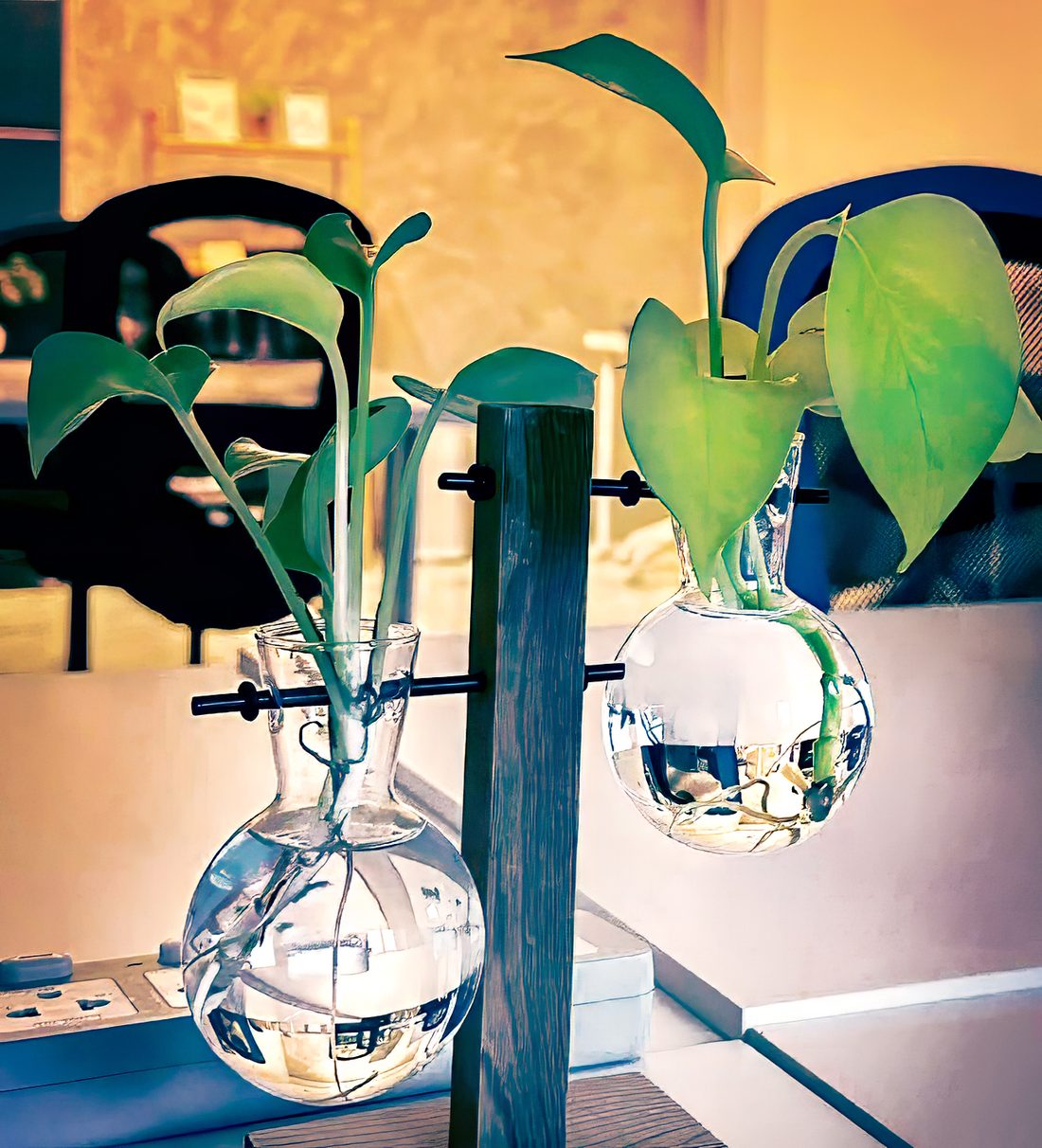 Two pothos cuttings rooting in glass globes on a writing desk in warm afternoon light.