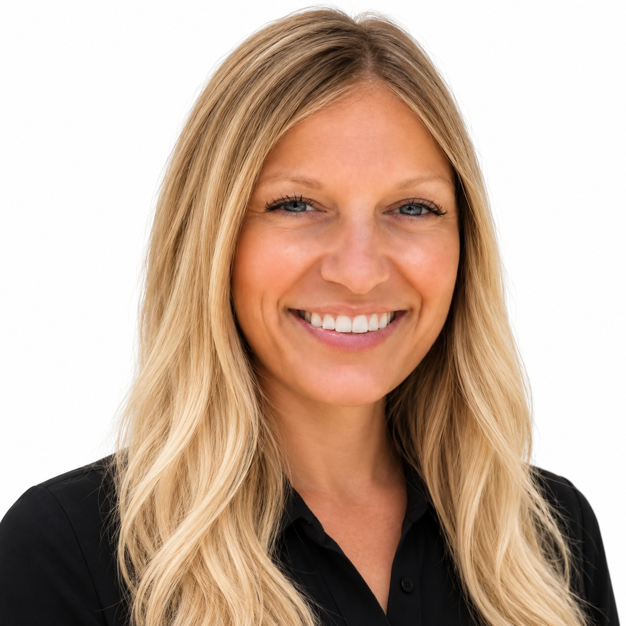 Kaitlyn Krahn in a black shirt against a plain studio ground.