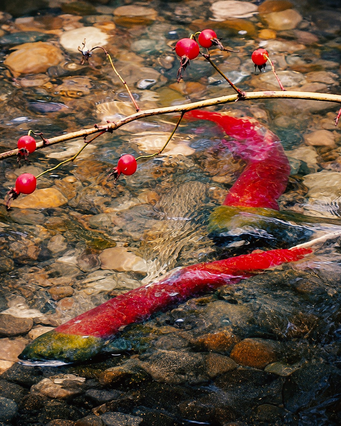 Two spawning sockeye salmon in clear shallow water over river stones, beneath a wild rose branch carrying red hips.