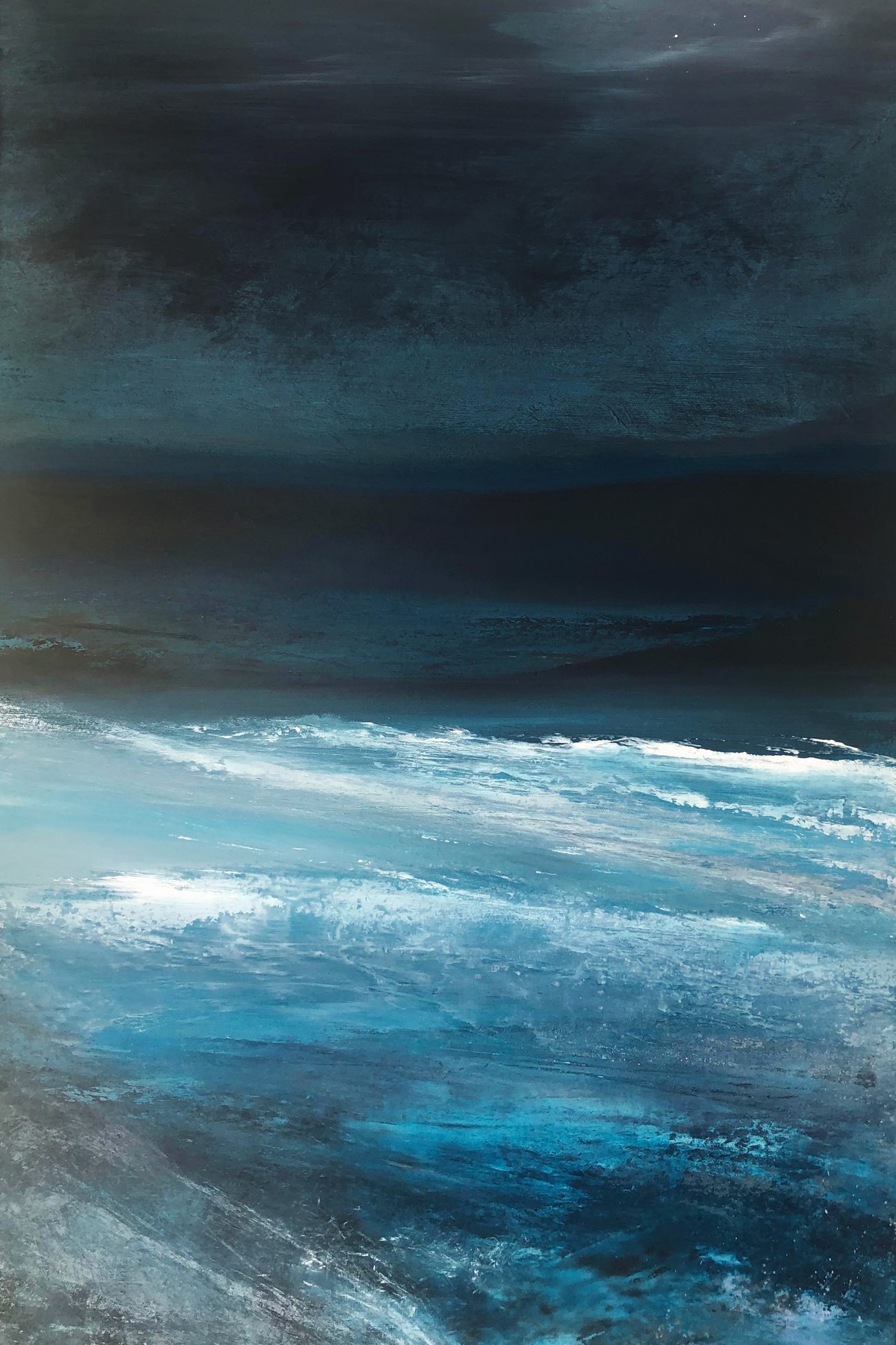 Salish Sea Nocturne, a moonlit seascape in deep blues and silver surf.